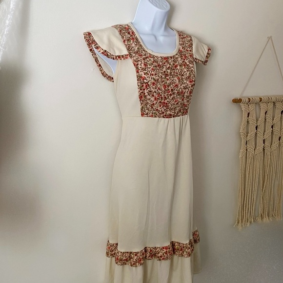 Vintage 70’s Peasant Dress Floral Cream w. Flutter Sleeves Prairie Western M - Picture 5 of 15